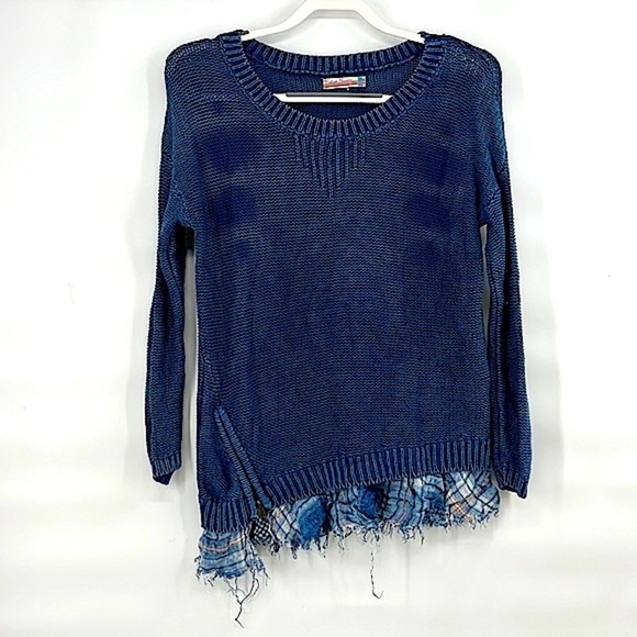 Vintage Havana blue distressed plaid sweater size small - Picture 1 of 7